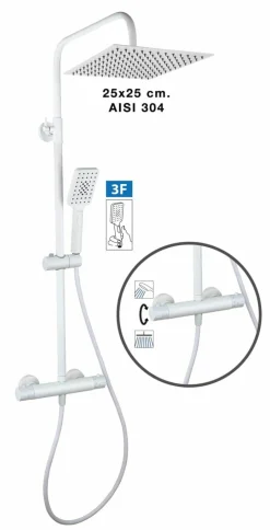 Columna De Ducha Nite Con Termostática, Rociador Acero Inoxidable AISI304 De 25×25 Cm. – 20NITC25NID03 – AQG