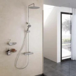 Columna De Ducha Termostática Rociador Extraplano 300 Mm Inox, Flexo Pvc Y Maneral 5 Funciones – Aroha – Galindo – 46059500