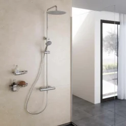 Columna Ducha Termostática Aroha Lux Cuerpo Frío Rociador 250 Mm Inox, Flexo Pvc Y Maneral – 46059501 – Galindo