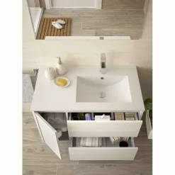Conjunto Completo Mueble Suspendido De 2 Cajones Y Puerta Izquierda 850 Mm + Lavabo De Porcelana – Noja – Salgar