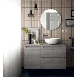 Conjunto De Mueble Suspendido (mueble Dos Cajones + Puerta) Acabado Pino Bahia Con Lavabo Sobre Encimera – Monterrey – Salgar
