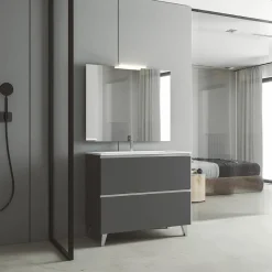 Conjunto Mueble De Baño A Suelo 2 Cajones + Lavabo Ceramico Flat + Espejo Sevilla – Granada – Visobath