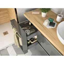 Conjunto Mueble Suspendido 2 Cajones + 1 Cajón Con Toallero Extraible Y Lavabo De Porcelana – Spirit – Salgar