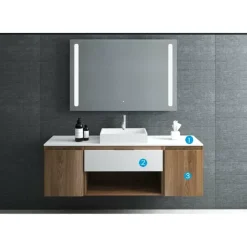 Conjunto Mueble Suspendido 1 Cajón Y 1 Hueco + Modulo De 1 Puertas En Laterlales Con Encimera SolidCoat Surface Y Lavabo Sobreencimera Carey – Serie Life – Baños10