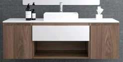 Conjunto Mueble Suspendido 1 Cajón Y 1 Hueco + Modulo De 1 Puertas En Laterlales Con Encimera SolidCoat Surface Y Lavabo Sobreencimera Carey – Serie Life – Baños10