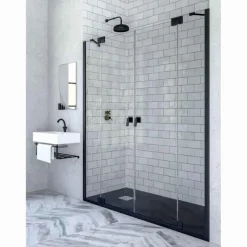 Mampara De Ducha Frontal De Dos Hojas Abatibles Y 2 Fijas – Perfileria Negra – Bali – Doccia