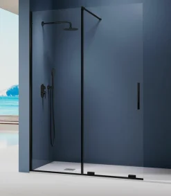 Mampara De Ducha Frontal Fijo + Puerta Corredera Deslizable Por La Parte Inferior Perfil Negro Con Apertura, Sin Cierre MK607 – Moka – Kassandra