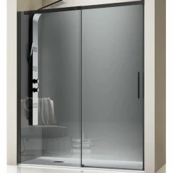 Mampara Frontal De Ducha Fijo + Puerta Corredera Perfil Negro Y Cristal Parsol – Luna – Kassandra