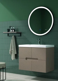Mueble Suspendido 2 Cajones Frente Fresado De MDF 22 Mm Acabado Moka + Lavabo Cerámico Grosor 1,7 Cm Blanco Brillo – Kamet- DP Baños