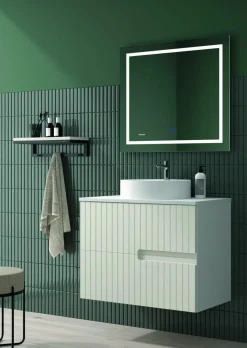 Mueble Suspendido 2 Cajones Frente Fresado De MDF 22 Mm Acabado Beige + Lavabo Cerámico Grosor 1,7 Cm Blanco Brillo – Abi – DP Baños