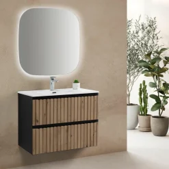 Mueble Suspendido 2 Cajones Con Frontal Recubierto Negro Mate/roble Rústico Y Lavabo Ceramico – Priscille – Muebles Jumar