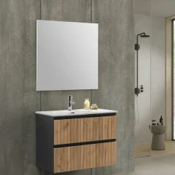 Mueble Suspendido 2 Cajones Con Frontal Recubierto Negro Mate/roble Rústico Y Lavabo Ceramico – Priscille – Muebles Jumar