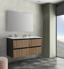 Mueble Suspendido 2 Cajones Con Frontal Recubierto Negro Mate/roble Rústico Y Lavabo Ceramico – Priscille – Muebles Jumar