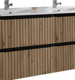 Mueble Suspendido 2 Cajones Con Frontal Recubierto Negro Mate/roble Rústico Y Lavabo Ceramico – Priscille – Muebles Jumar