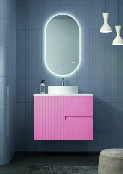 Mueble Suspendido 2 Cajones Frente Fresado De MDF 22 Mm Acabado Rosa + Lavabo Cerámico Grosor 1,7 Cm Blanco Brillo – Abi – DP Baños