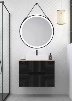 Mueble Suspendido 2 Cajones Frente Fresado De MDF 22 Mm Acabado Negro + Lavabo Cerámico Grosor 1,7 Cm Blanco Brillo – Teram- DP Baños