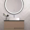 Mueble Suspendido 2 Cajones Frente Fresado Liso De MDF 22 Mm Acabado Moka + Lavabo Cerámico Grosor 1,7 Cm Blanco Brillo – Sia – DP Baños