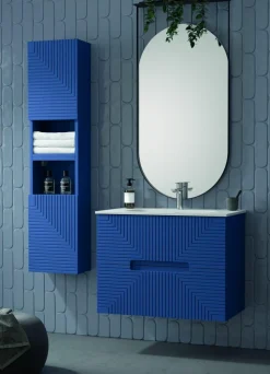Mueble Suspendido 2 Cajones Frente Fresado De MDF 22 Mm Acabado Océano + Lavabo Cerámico Grosor 1,7 Cm Blanco Brillo – Teram- DP Baños