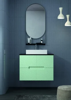 Mueble Suspendido 2 Cajones Frente Fresado De MDF 22 Mm Acabado Mint + Lavabo Cerámico Grosor 1,7 Cm Blanco Brillo – Kamet- DP Baños