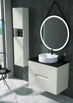 Mueble Suspendido 2 Cajones Frente Fresado De MDF 22 Mm Acabado Beige + Lavabo Cerámico Grosor 1,7 Cm Blanco Brillo – Istor- DP Baños