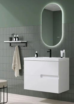Mueble Suspendido 2 Cajones Frente Fresado Liso De MDF 22 Mm Acabado Blanco + Lavabo Cerámico Grosor 1,7 Cm Blanco Brillo – Sia – DP Baños