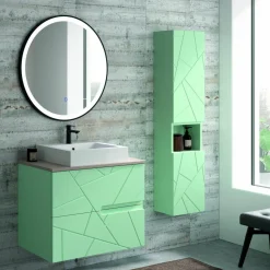 Mueble Suspendido 2 Cajones Frente Fresado Liso De MDF 22 Mm Acabado Mint + Lavabo Cerámico Grosor 1,7 Cm Blanco Brillo – Gurla – DP Baños