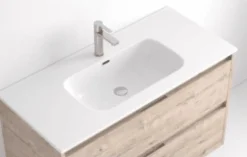 Mueble Suspendido 2 Cajones Frente Fresado Liso De MDF 22 Mm Acabado Mint + Lavabo Cerámico Grosor 1,7 Cm Blanco Brillo – Gurla – DP Baños