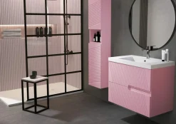 Mueble Suspendido 2 Cajones Frente Fresado Liso De MDF 22 Mm Acabado Rosa + Lavabo Cerámico Grosor 1,7 Cm Blanco Brillo – Saser – DP Baños