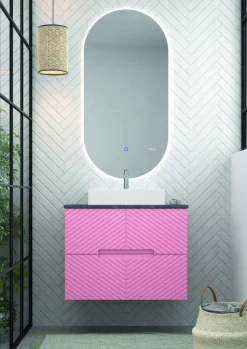 Mueble Suspendido 2 Cajones Frente Fresado De MDF 22 Mm Acabado Rosa + Lavabo Cerámico Grosor 1,7 Cm Blanco Brillo – Kamet- DP Baños