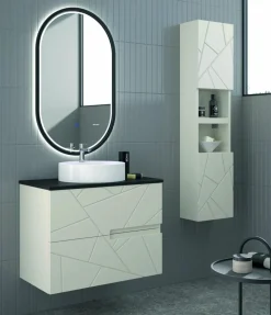 Mueble Suspendido 2 Cajones Frente Fresado Liso De MDF 22 Mm Acabado Beige + Lavabo Cerámico Grosor 1,7 Cm Blanco Brillo – Gurla – DP Baños