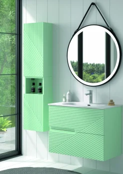 Mueble Suspendido 2 Cajones Frente Fresado De MDF 22 Mm Acabado Mint + Lavabo Cerámico Grosor 1,7 Cm Blanco Brillo – Rimo – DP Baños