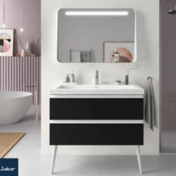 Mueble Suspendido 2 Cajones 60 Cm Con Tirador En Blanco Soft Y Lavabo Porcelana – Spirit – Salgar