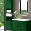 Mueble Suspendido 2 Cajones Frente Fresado De MDF 22 Mm Acabado Oliva + Lavabo Cerámico Grosor 1,7 Cm Blanco Brillo – Teram- DP Baños