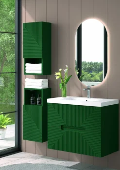 Mueble Suspendido 2 Cajones Frente Fresado De MDF 22 Mm Acabado Oliva + Lavabo Cerámico Grosor 1,7 Cm Blanco Brillo – Teram- DP Baños