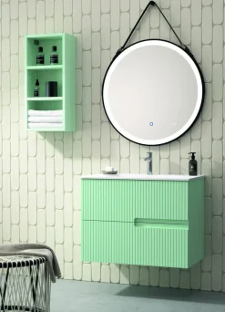 Mueble Suspendido 2 Cajones Frente Fresado Liso De MDF 22 Mm Acabado Mint + Lavabo Cerámico Grosor 1,7 Cm Blanco Brillo – Maná – DP Baños