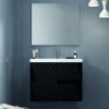 Mueble Suspendido 2 Cajones Frente Fresado Liso De MDF 22 Mm Acabado Negro + Lavabo Cerámico Grosor 1,7 Cm Blanco Brillo – Saser – DP Baños