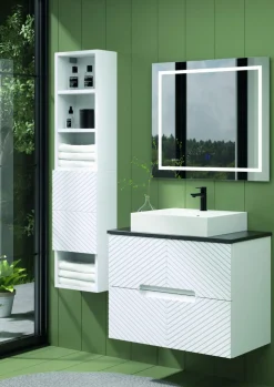 Mueble Suspendido 2 Cajones Frente Fresado De MDF 22 Mm Acabado Blanco + Lavabo Cerámico Grosor 1,7 Cm Blanco Brillo – Kamet- DP Baños