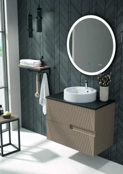 Mueble Suspendido 2 Cajones Frente Fresado Liso De MDF 22 Mm Acabado Moka + Lavabo Cerámico Grosor 1,7 Cm Blanco Brillo – Saser – DP Baños