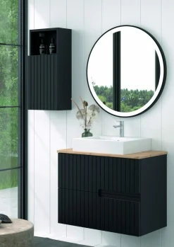 Mueble Suspendido 2 Cajones Frente Fresado De MDF 22 Mm Acabado Negro + Lavabo Cerámico Grosor 1,7 Cm Blanco Brillo – Abi – DP Baños