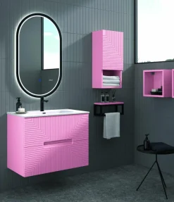 Mueble Suspendido 2 Cajones Frente Fresado De MDF 22 Mm Acabado Rosa + Lavabo Cerámico Grosor 1,7 Cm Blanco Brillo – Teram- DP Baños