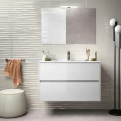 Mueble Suspendido 2 Cajones Con Lavabo De Porcelana Blanco Brillo – Noja – Salgar