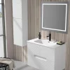 Mueble Suspendido 2 Cajones Frente Fresado De MDF 22 Mm Acabado Gris Ral 7035 + Lavabo Cerámico Grosor 1,7 Cm Blanco Brillo – Teram- DP Baños
