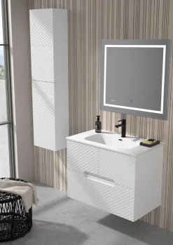 Mueble Suspendido 2 Cajones Frente Fresado De MDF 22 Mm Acabado Gris Ral 7035 + Lavabo Cerámico Grosor 1,7 Cm Blanco Brillo – Teram- DP Baños