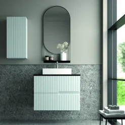 Mueble Suspendido 2 Cajones Frente Fresado De MDF 22 Mm Acabado Gris Ral 7035 + Lavabo Cerámico Grosor 1,7 Cm Blanco Brillo – Abi – DP Baños