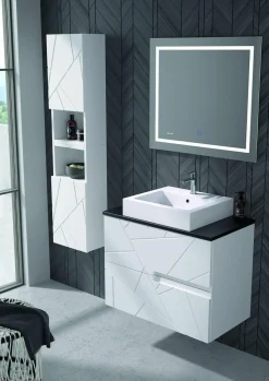 Mueble Suspendido 2 Cajones Frente Fresado Liso De MDF 22 Mm Acabado Blanco + Lavabo Cerámico Grosor 1,7 Cm Blanco Brillo – Gurla – DP Baños