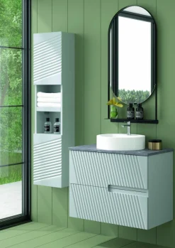 Mueble Suspendido 2 Cajones Frente Fresado Liso De MDF 22 Mm Acabado Gris Ral 7035 + Lavabo Cerámico Grosor 1,7 Cm Blanco Brillo – Saser – DP Baños