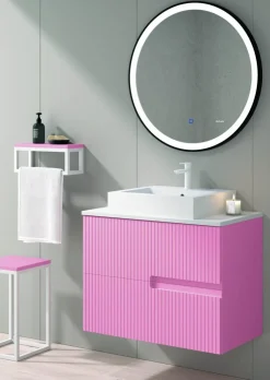 Mueble Suspendido 2 Cajones Frente Fresado Liso De MDF 22 Mm Acabado Rosa + Lavabo Cerámico Grosor 1,7 Cm Blanco Brillo – Maná – DP Baños