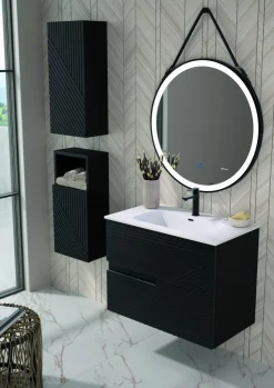 Mueble Suspendido 2 Cajones Frente Fresado De MDF 22 Mm Acabado Negro + Lavabo Cerámico Grosor 1,7 Cm Blanco Brillo – Rimo – DP Baños
