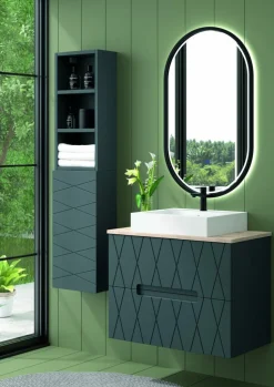 Mueble Suspendido 2 Cajones Frente Fresado De MDF 22 Mm Acabado Antracita + Lavabo Cerámico Grosor 1,7 Cm Blanco Brillo – Nanda – DP Baños