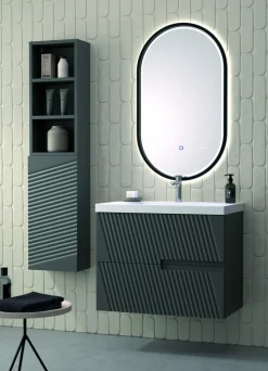 Mueble Suspendido 2 Cajones Frente Fresado Liso De MDF 22 Mm Acabado Antracita + Lavabo Cerámico Grosor 1,7 Cm Blanco Brillo – Saser – DP Baños